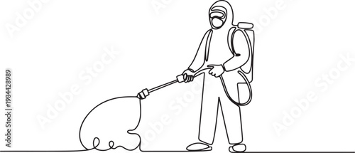 Single line drawing of a man in protective suit standing as he spray pesticide, showcasing professional pest control practices and safety measures. one line icon drawing vector