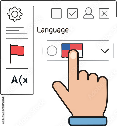 Human finger selecting a specific language from a digital settings menu using an interactive screen interface icon