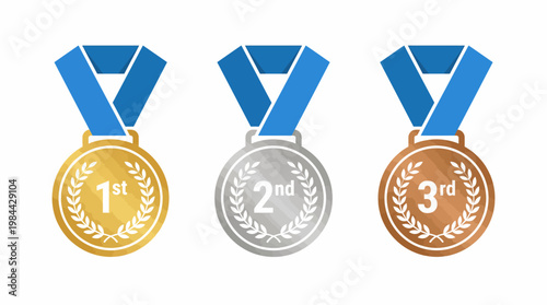 Gold, silver, bronze medals vector illustration with blue ribbons, achievement awards, honor recognition, excellence ranking, competition prize, sports victory, and accomplishment design for events