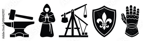 Medieval era glyphs featuring blacksmiths hammer and anvil, praying monk, powerful trebuchet, noble fleur de lis shield, and knights gauntlet for historical themed graphic applications.