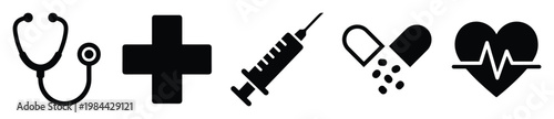 Essential medical healthcare icons representing health, medicine, and emergency services for hospital promotions, clinic services, pharmacy marketing, and health awareness campaigns