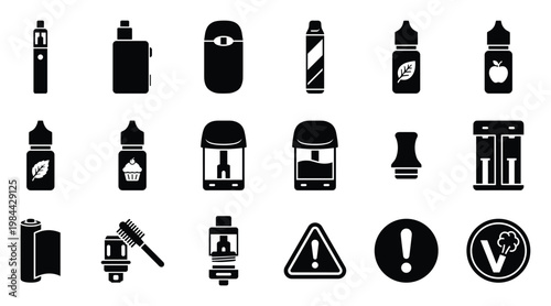 Collection of electronic cigarette equipment, flavored ejuice bottles, vape parts, and health warning symbols for industry safety guides and online retail product descriptions.
