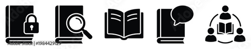 Digital library icon set for educational platforms, representing book security, knowledge research, active reading, group discussion, and collaborative learning for modern academic
