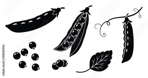 Versatile black silhouette design elements featuring green pea pods, individual peas, and fresh leaves perfect for culinary packaging, food blogs, or healthy eating promotions