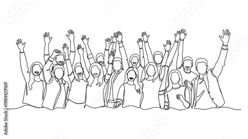 A diverse group of people celebrating together. Continuous line style. Hand drawn. Line art. Vector design. illustration