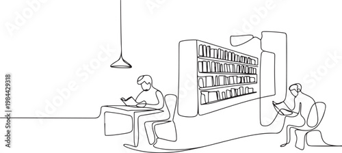 Minimalist Continuous Line Drawing of a Modern Library Interior with Students Studying at Individual Workstations. one line icon drawing vector