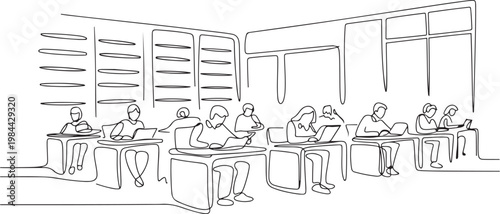 Minimalist Continuous Line Drawing of a Modern Library Interior with Students Studying at Individual Workstations. one line icon drawing vector