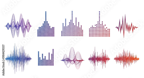 Collection of abstract sound wave visualizations and digital audio spectrum displays, illustrating various frequency patterns and equalizer graphics with vibrant gradient colors