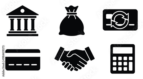 Collection of financial and business icons illustrating banking operations, monetary exchange, partnership agreements, and accounting computations suitable for corporate use and digital