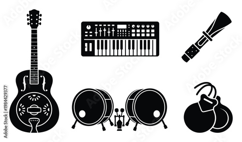Collection of diverse musical instruments, including string, electronic, and percussion, presented as modern flat black icons for music education resources and audio production applications.