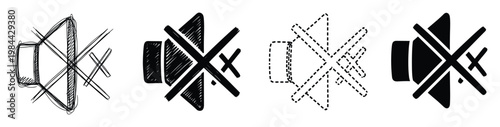 Various stylized mute sound speaker icons depicting an audio volume symbol with a diagonal line indicating no sound for user interface buttons, web design, or app development