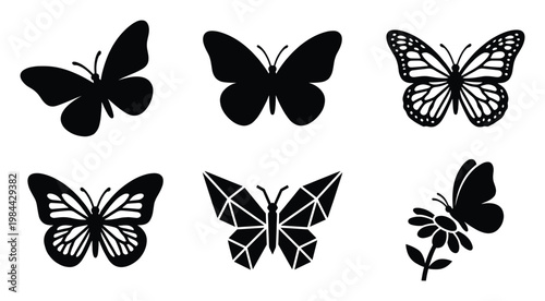 Versatile collection of diverse butterfly silhouettes showcasing detailed wings, simple forms, and geometric designs, ideal for logos, tattoos, apparel, and digital prints.