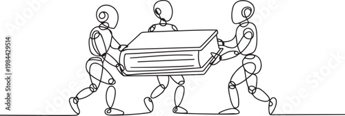 Single one line drawing a group of robots work together carrying a book. Implementation of artificial intelligence. one line icon drawing vector
