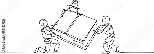 Single one line drawing a group of robots work together carrying a book. Implementation of artificial intelligence. one line icon drawing vector