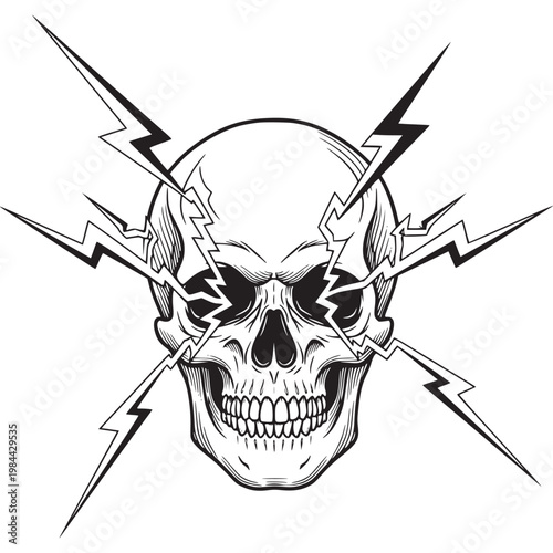 A black and white skull with lightning bolts