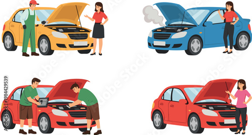 Vector illustration set of people dealing with car engine problems, featuring mechanics and car owners inspecting under the hood, ideal for car repair, troubleshooting, and automotive services