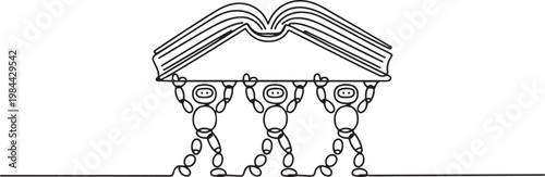 Single one line drawing a group of robots work together carrying a book. Implementation of artificial intelligence. one line icon drawing vector