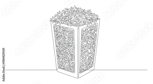 Continuous line drawing of a tall rectangular container overflowing with abstract shredded material, perfect for modern graphic resources and decorative design elements.