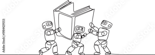 Single one line drawing a group of robots work together carrying a book. Implementation of artificial intelligence. one line icon drawing vector