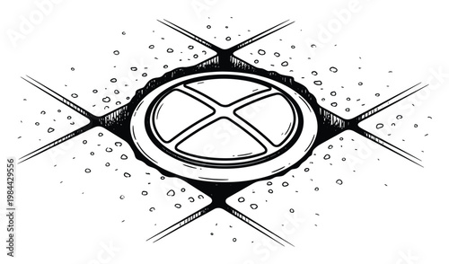 Black and white ink sketch depicting a circular utility access lid featuring an X pattern on a distressed ground surface, suitable for conveying urban grunge or construction themes.