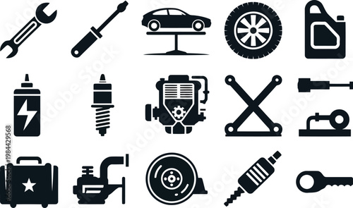 Automotive tools and parts icons set black silhouette collection