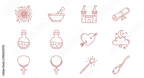 Magical Spell Icons Potion, Wand, Castle, Scroll, Heart, and Broom