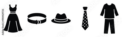 Various clothing and accessory items including a dress, belt, fedora hat, patterned necktie, and a casual twopiece outfit for apparel related projects.