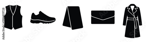Collection of essential apparel and accessory icons including a classic vest, casual sneaker, versatile folded towel, elegant clutch bag, and stylish trench coat, perfect for diverse