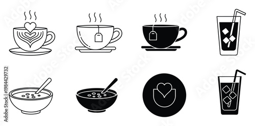 Vector line and filled icons showcasing hot steaming tea and coffee with latte art, cool iced beverages with straws, and warm soup bowls, ideal for restaurant menus, cafe interfaces, and
