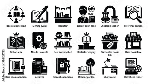 Extensive book and library icon set illustrating various reading activities, special collections, and study zones for educational and publishing project visuals