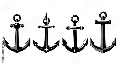 A versatile collection of four distinct black and white anchor illustrations, ideal for maritime projects, nautical designs, and ocean-themed graphic elements to symbolize stability and adventure