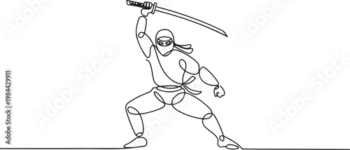 Continuous one line drawing man ninja in mask standing on stance, raising katana sword high for powerful overhead strike, illustrating focus action. one line icon drawing vector
