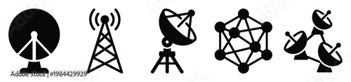 Modern black vector symbols representing diverse telecommunication systems, including satellite dishes, radio antennas, and network connection icons, ideal for digital media and technology