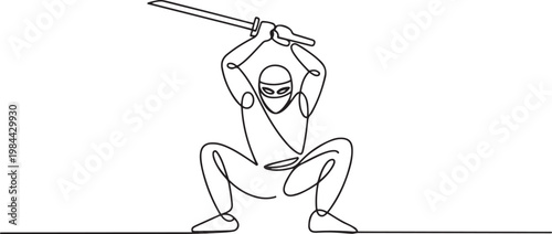Continuous one line drawing man ninja in mask standing on stance, raising katana sword high for powerful overhead strike, illustrating focus action. one line icon drawing vector