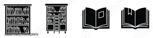 Collection of book and library shelf black silhouette icons representing reading, education, knowledge, and literature for various commercial applications