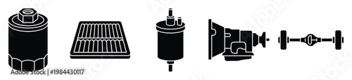 Various essential automotive components like oil, air, and fuel filters, along with transmission and driveshaft parts, useful for illustrating vehicle mechanics and maintenance procedures