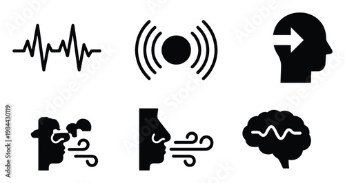 Comprehensive collection of human senses and cognitive function icons representing thought, breath, sound, and vital signs for health, medical, and communication applications