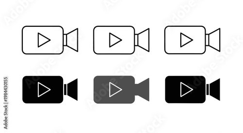 Versatile collection of minimalist video camera and playback icons, perfect for multimedia applications, digital interface design, and web development projects, presented in various modern styles