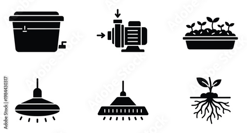 Essential black glyph icons representing hydroponics, indoor gardening equipment, plant growth stages, and farming elements for agricultural industry applications.