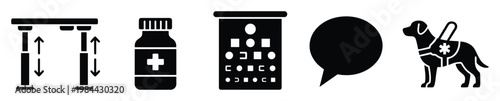Collection of essential service and health related glyphs including security scan, medicine bottle, eye test chart, speech bubble, and guide dog for diverse informational and medical