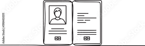 Opened international passport with a photo of a citizen. one line icon drawing vector