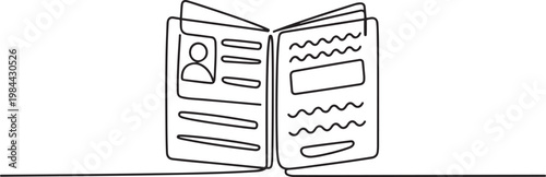 Opened international passport with a photo of a citizen. one line icon drawing vector