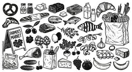 Assortment of Fresh Produce, Meats, Dairy, and Baked Goods from a Farmers Market Stand