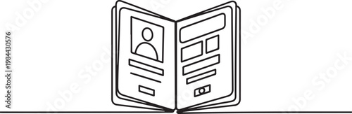 Opened international passport with a photo of a citizen. one line icon drawing vector