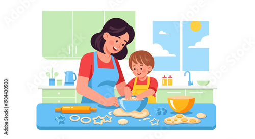 Mother and child happily baking cookies together in a bright kitchen, learning and creating sweet memories