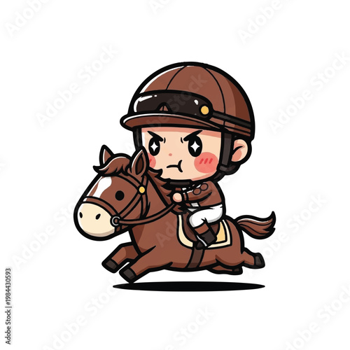 Cartoon child riding brown horse fast.