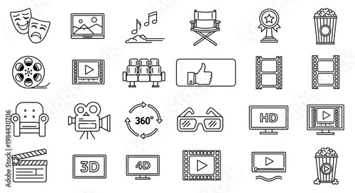 Collection of Outline Icons Representing Cinema, Entertainment, and Movie Production Elements