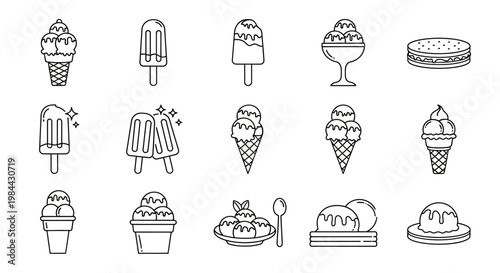 Collection of Sweet Ice Cream Desserts and Frozen Treats Line Art Icons for Summer Refreshment, Cafe Menus, and Snack Bar Graphics