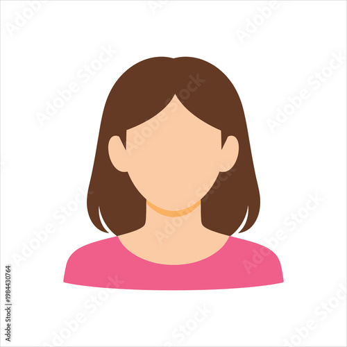 Flat vector illustration of a faceless woman with brown shoulder-length hair wearing a pink shirt