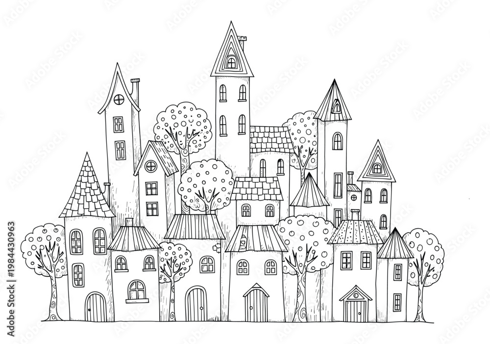 Fototapeta premium Detailed monochrome line art of a whimsical town with many houses and trees, perfect for childrens coloring books or creative storybook projects